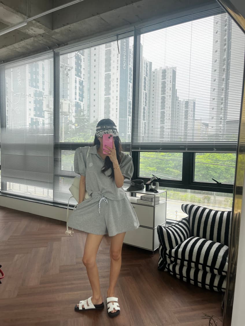 새로운 캐주얼 폴로 칼라 거품 소매 짧은 맨위 허리밴드 펌프 로프 반바지 세트 상세 이미지 8