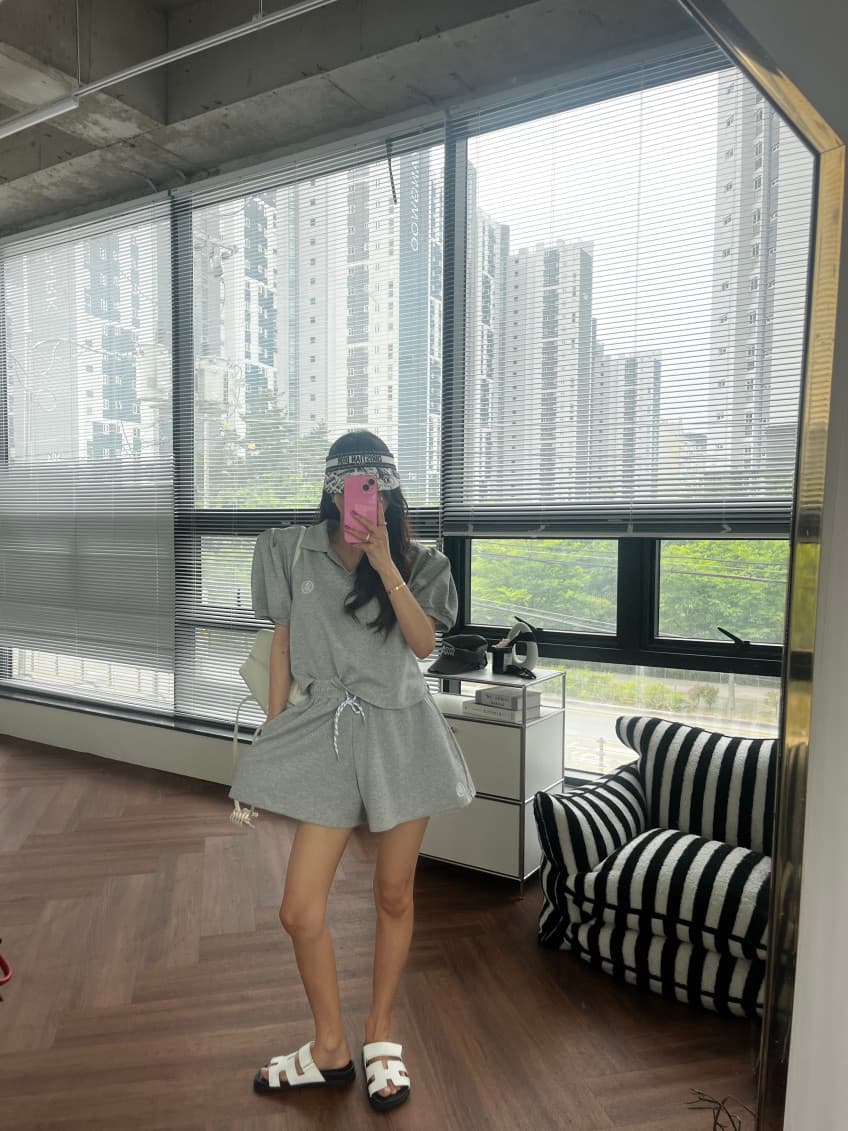 새로운 캐주얼 폴로 칼라 거품 소매 짧은 맨위 허리밴드 펌프 로프 반바지 세트 상세 이미지 10