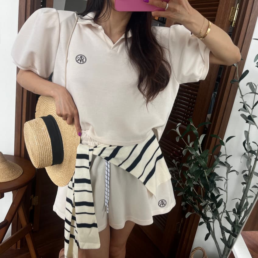 새로운 캐주얼 폴로 칼라 거품 소매 짧은 맨위 허리밴드 펌프 로프 반바지 세트 상세 이미지 12