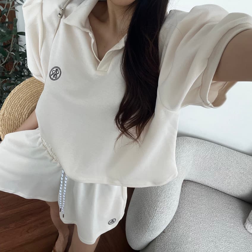 새로운 캐주얼 폴로 칼라 거품 소매 짧은 맨위 허리밴드 펌프 로프 반바지 세트 상세 이미지 14