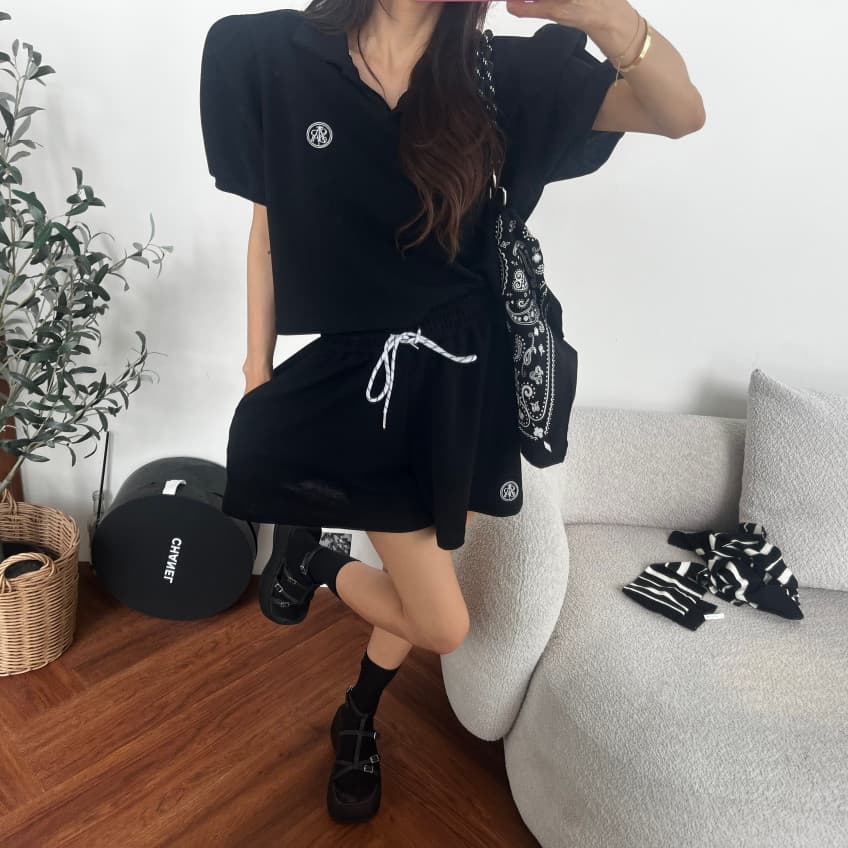 새로운 캐주얼 폴로 칼라 거품 소매 짧은 맨위 허리밴드 펌프 로프 반바지 세트 상세 이미지 26