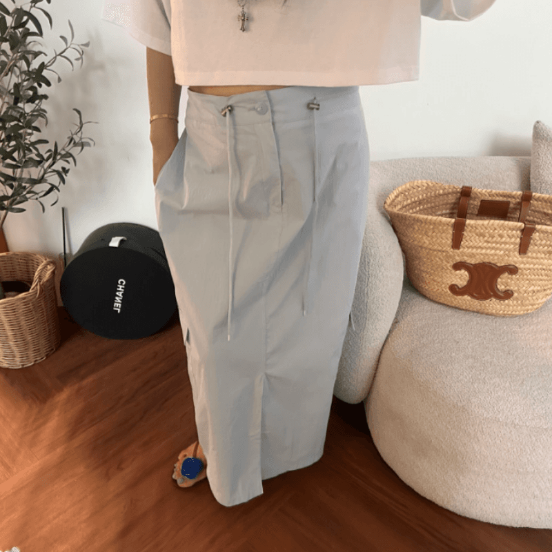 새로운 단색 트임 허리밴드 펌프 로프 반신 스커트 여성 이미지 2