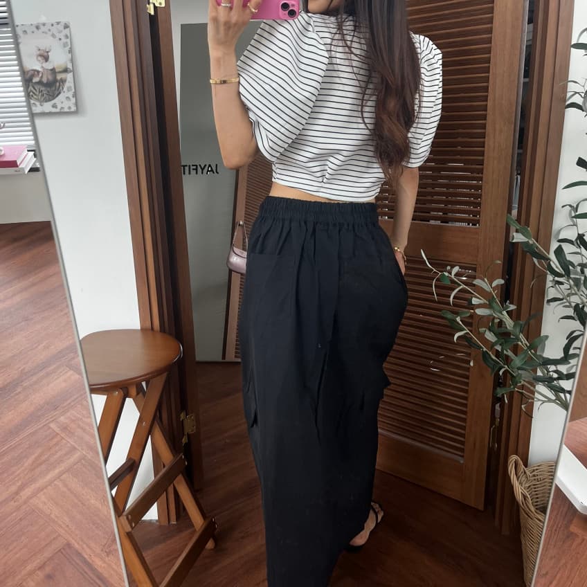 새로운 단색 트임 허리밴드 펌프 로프 반신 스커트 여성 상세 이미지 5