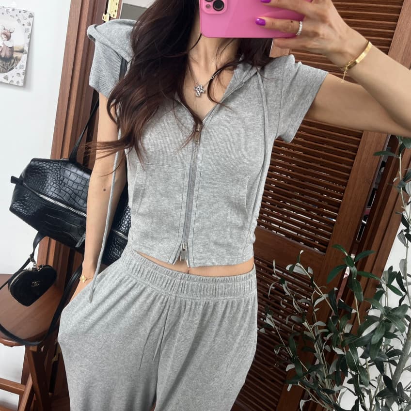 새로운 미니멀리즘 후드 더블 머리 지퍼 반팔 맨위 다용도 와이드 레그 팬츠 투피스 세트 상세 이미지 1