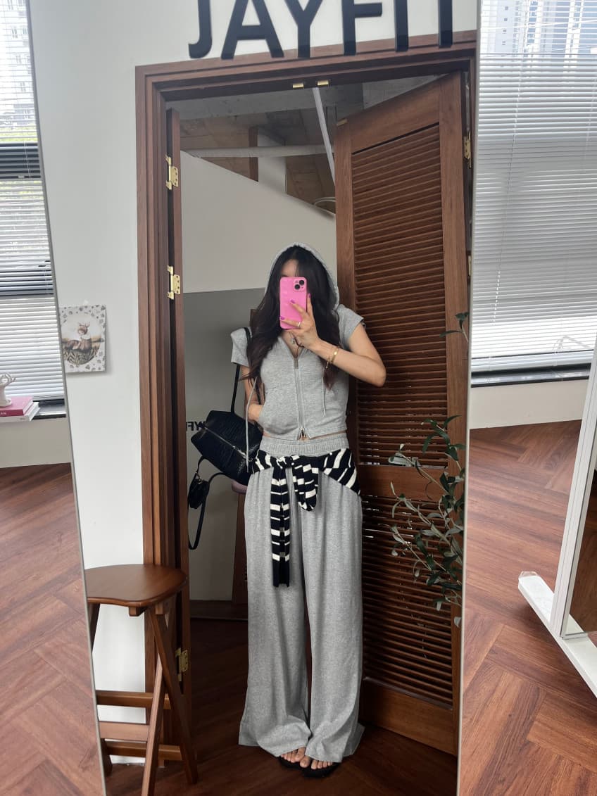 새로운 미니멀리즘 후드 더블 머리 지퍼 반팔 맨위 다용도 와이드 레그 팬츠 투피스 세트 상세 이미지 6