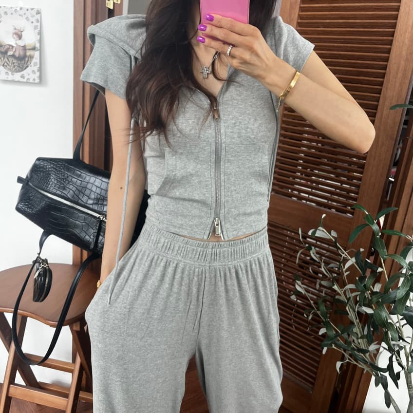 새로운 미니멀리즘 후드 더블 머리 지퍼 반팔 맨위 다용도 와이드 레그 팬츠 투피스 세트 상세 이미지 9