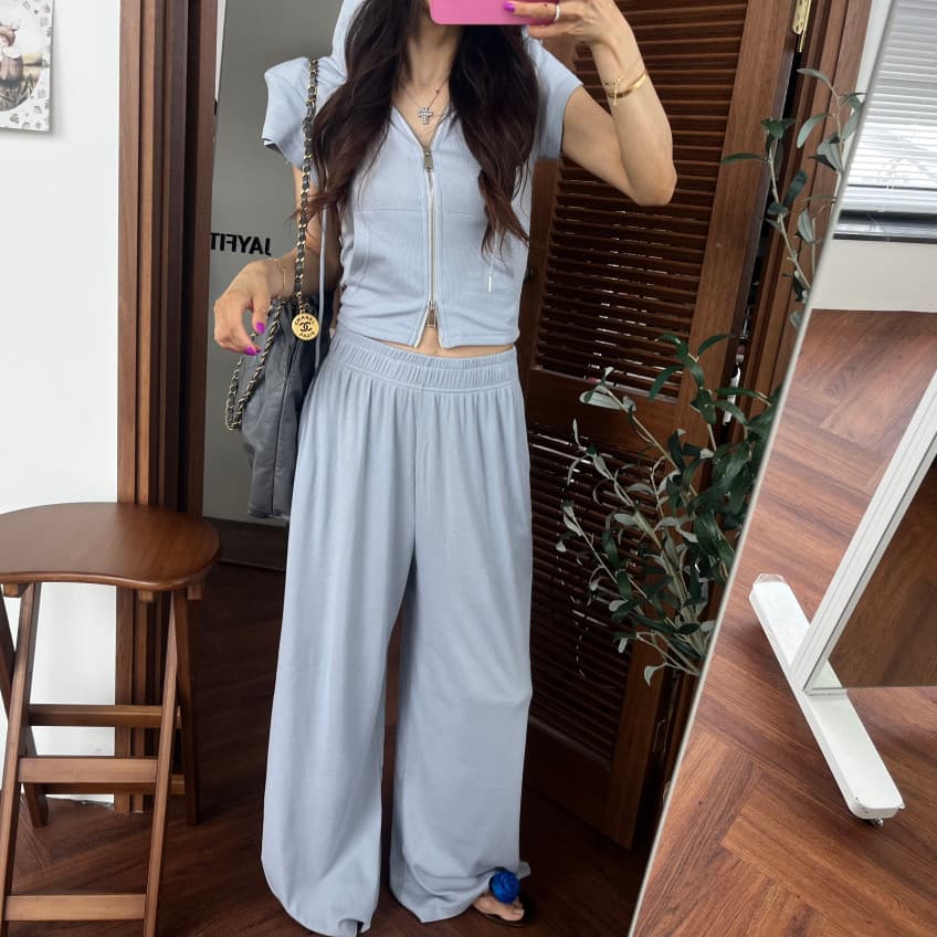 새로운 미니멀리즘 후드 더블 머리 지퍼 반팔 맨위 다용도 와이드 레그 팬츠 투피스 세트 상세 이미지 23