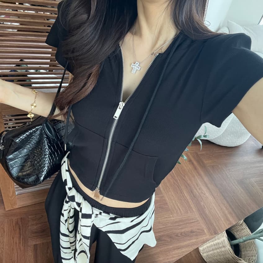 새로운 미니멀리즘 후드 더블 머리 지퍼 반팔 맨위 다용도 와이드 레그 팬츠 투피스 세트 상세 이미지 26