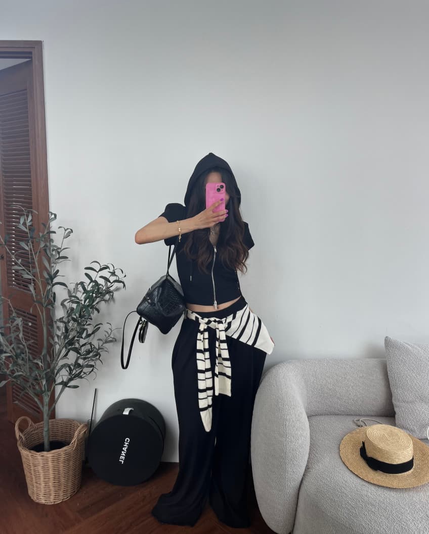새로운 미니멀리즘 후드 더블 머리 지퍼 반팔 맨위 다용도 와이드 레그 팬츠 투피스 세트 상세 이미지 27
