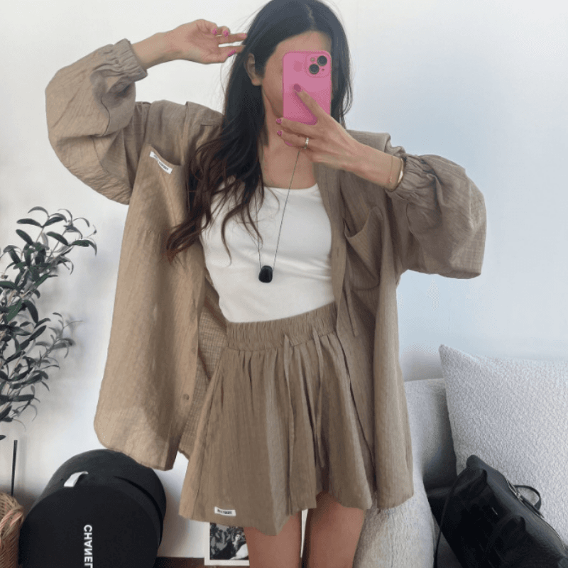 새로운 한 부서 패션 후드 자외선 차단 셔츠 슬림해 보이는 넓은 다리가 짧다. 바지 투피스 세트 이미지 2
