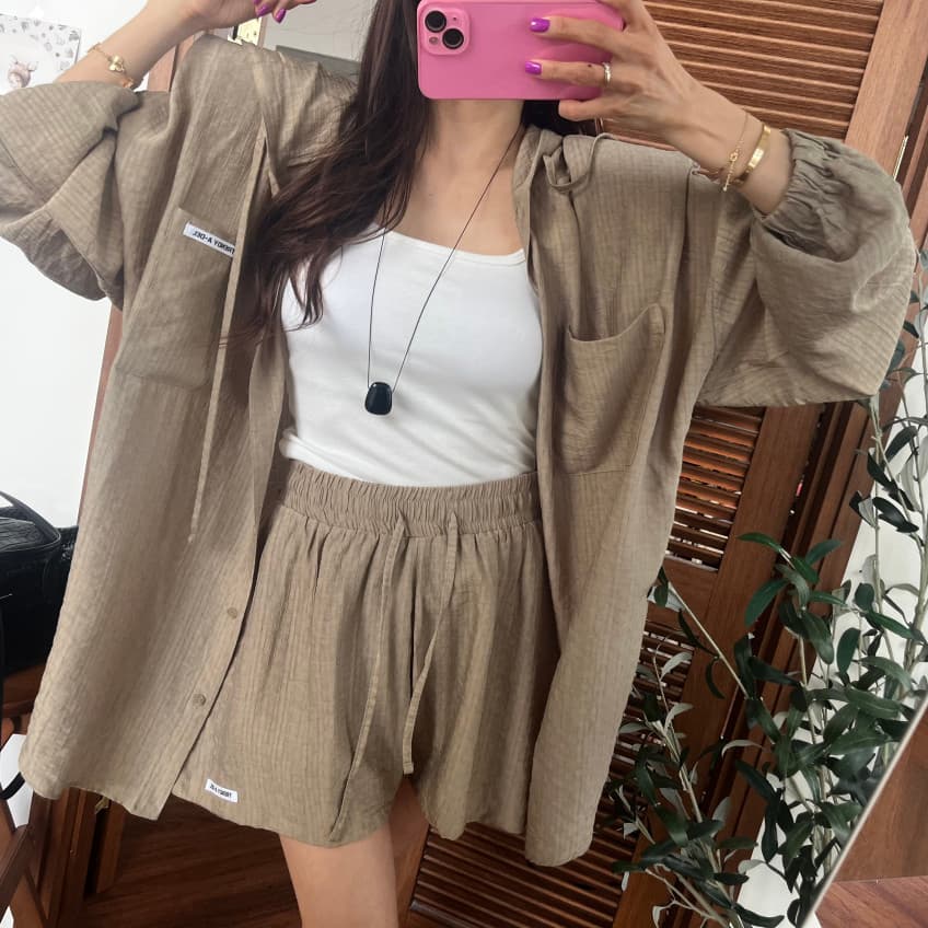 새로운 한 부서 패션 후드 자외선 차단 셔츠 슬림해 보이는 넓은 다리가 짧다. 바지 투피스 세트 상세 이미지 5