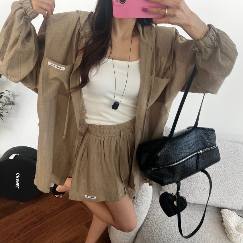 새로운 한 부서 패션 후드 자외선 차단 셔츠 슬림해 보이는 넓은 다리가 짧다. 바지 투피스 세트 상세 이미지 19