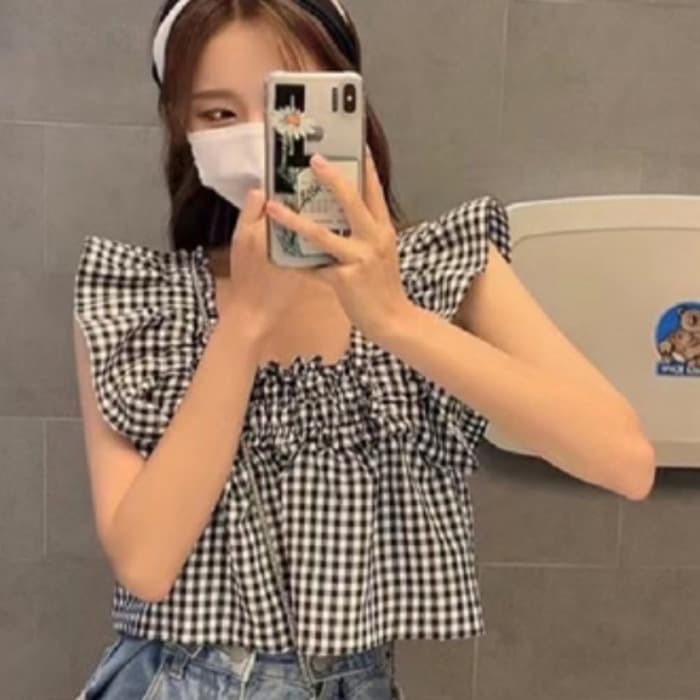 있음 선적 프릴 Feifei 소매 격자 무늬 셔츠 이미지 3