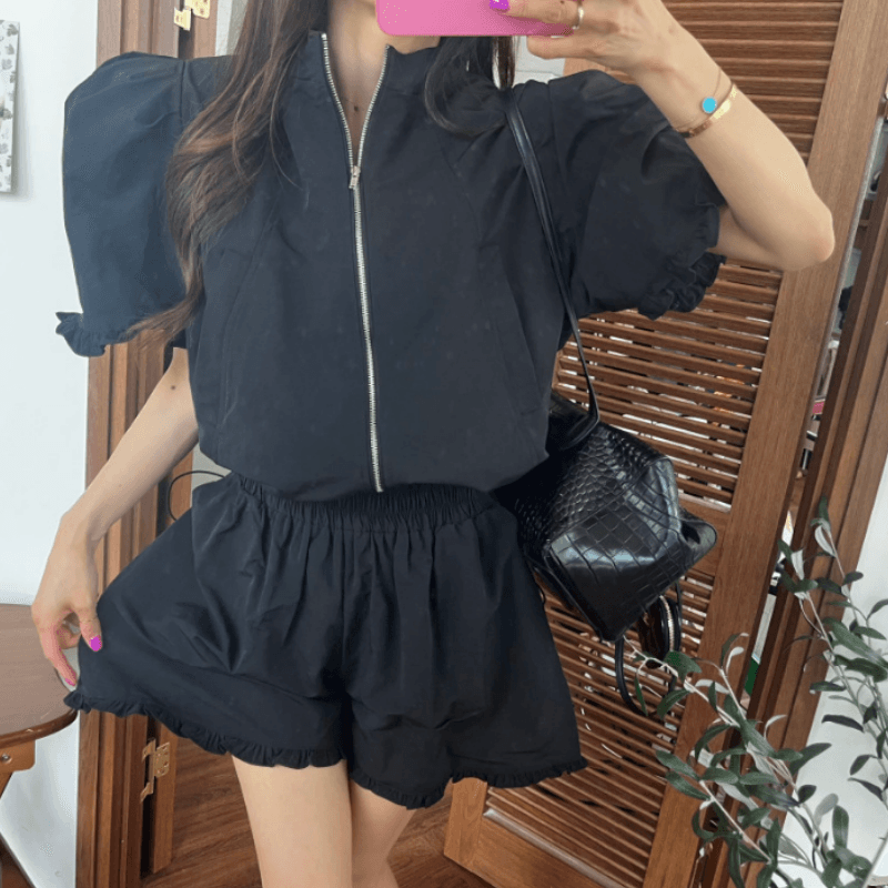새로운 연령 감소 지퍼 스탠드 칼라 허리 반팔 맨위 반바지 투피스 세트 이미지 2