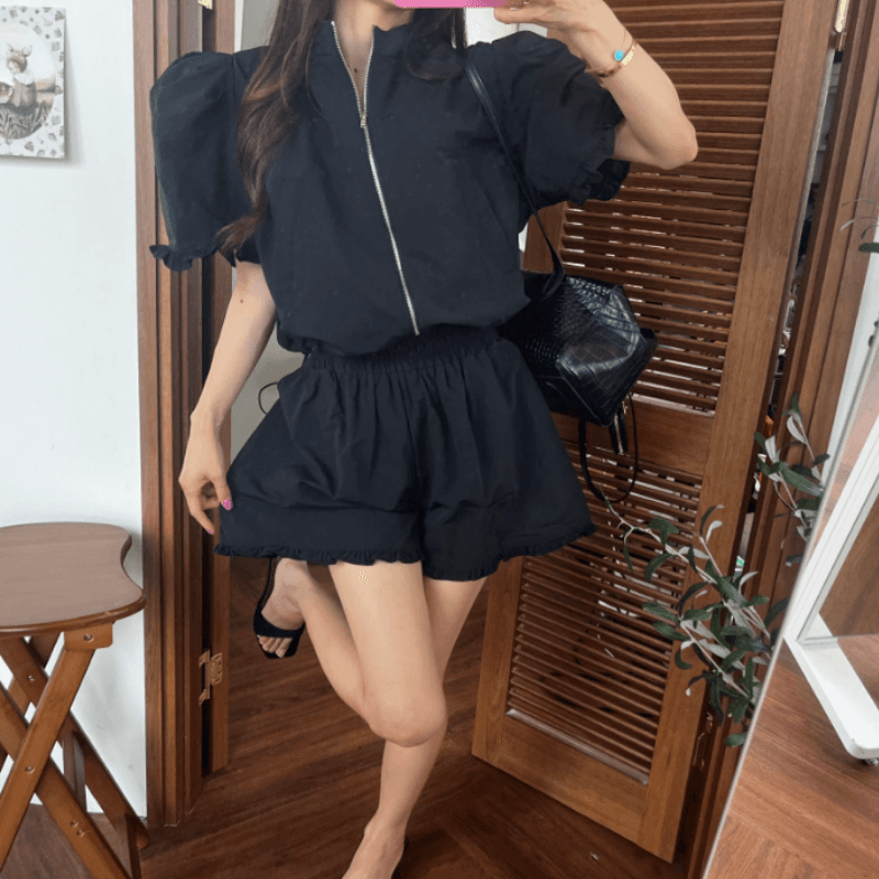 새로운 연령 감소 지퍼 스탠드 칼라 허리 반팔 맨위 반바지 투피스 세트 이미지 5