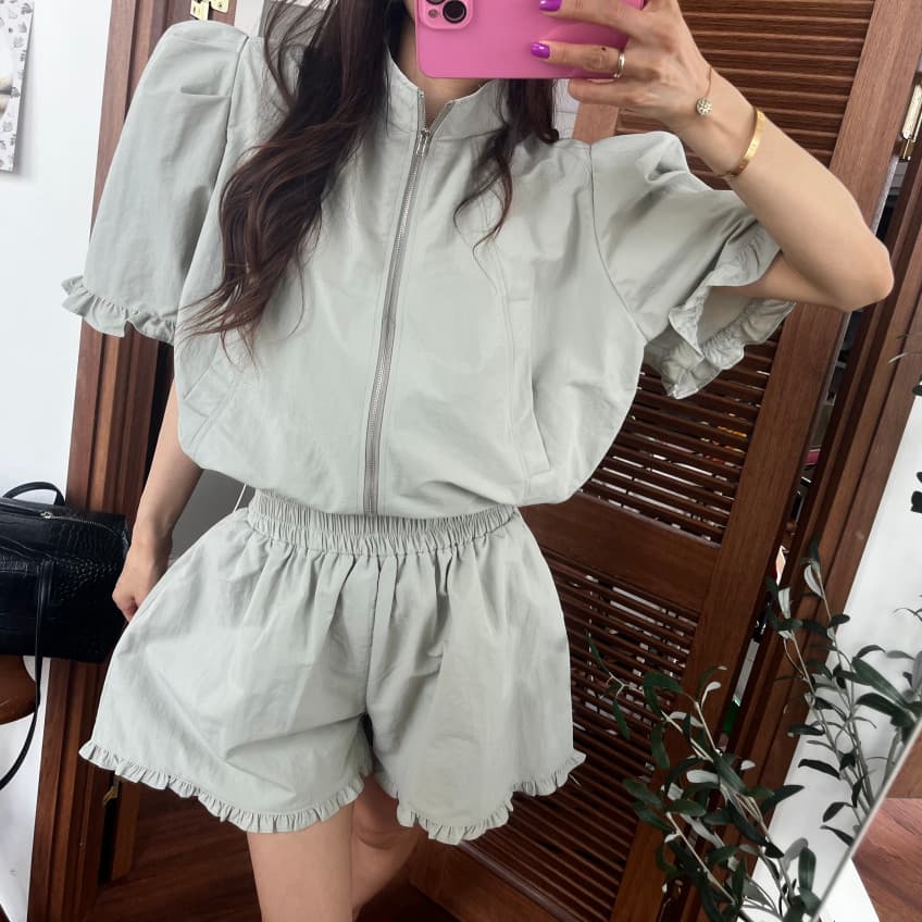 새로운 연령 감소 지퍼 스탠드 칼라 허리 반팔 맨위 반바지 투피스 세트 상세 이미지 8