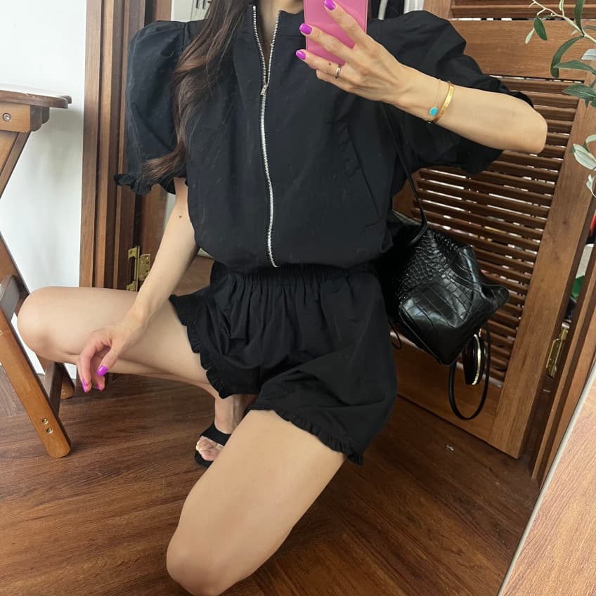새로운 연령 감소 지퍼 스탠드 칼라 허리 반팔 맨위 반바지 투피스 세트 상세 이미지 21