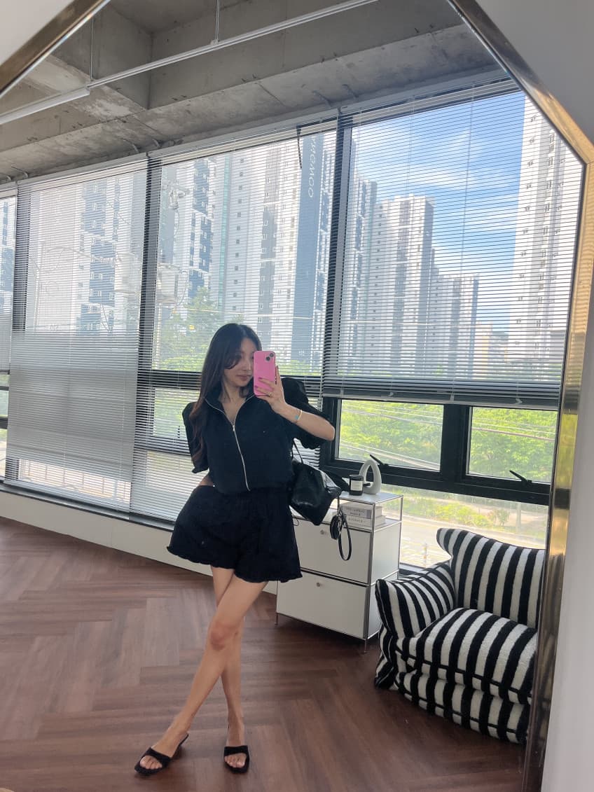 새로운 연령 감소 지퍼 스탠드 칼라 허리 반팔 맨위 반바지 투피스 세트 상세 이미지 23