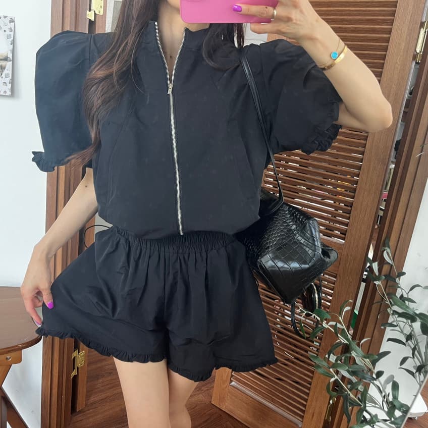 새로운 연령 감소 지퍼 스탠드 칼라 허리 반팔 맨위 반바지 투피스 세트 상세 이미지 27