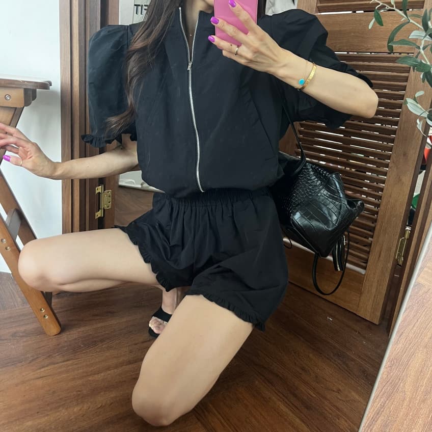 새로운 연령 감소 지퍼 스탠드 칼라 허리 반팔 맨위 반바지 투피스 세트 상세 이미지 28