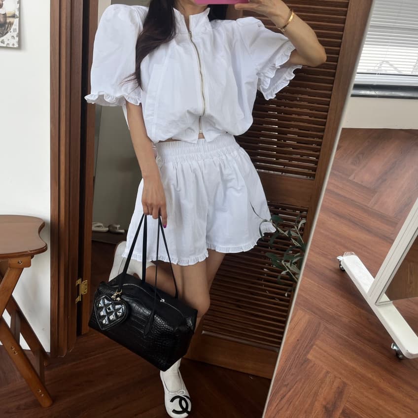 새로운 연령 감소 지퍼 스탠드 칼라 허리 반팔 맨위 반바지 투피스 세트 상세 이미지 40