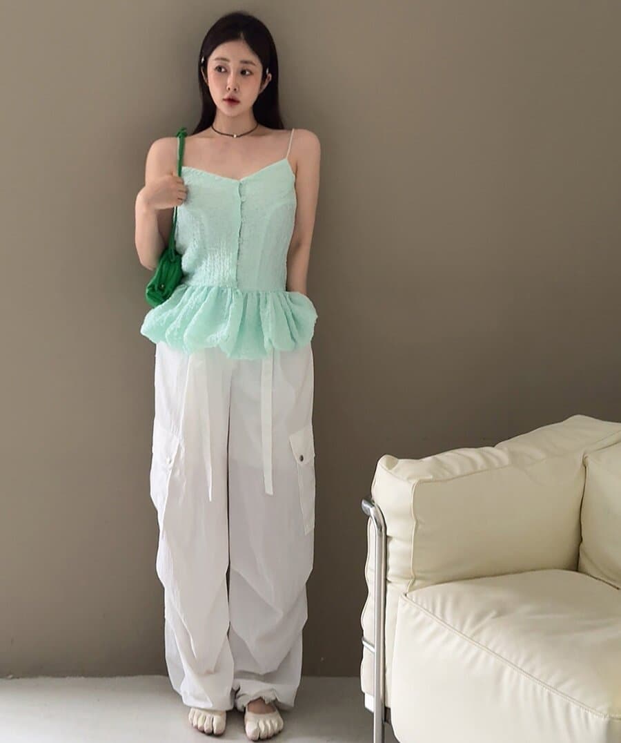 새로운 하프 허리밴드 다용도 레이스업 주름 워크웨어 캐주얼 바지 긴 바지 상세 이미지 1