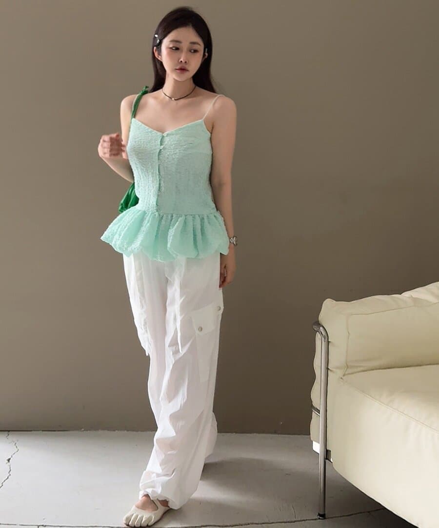 새로운 하프 허리밴드 다용도 레이스업 주름 워크웨어 캐주얼 바지 긴 바지 상세 이미지 3