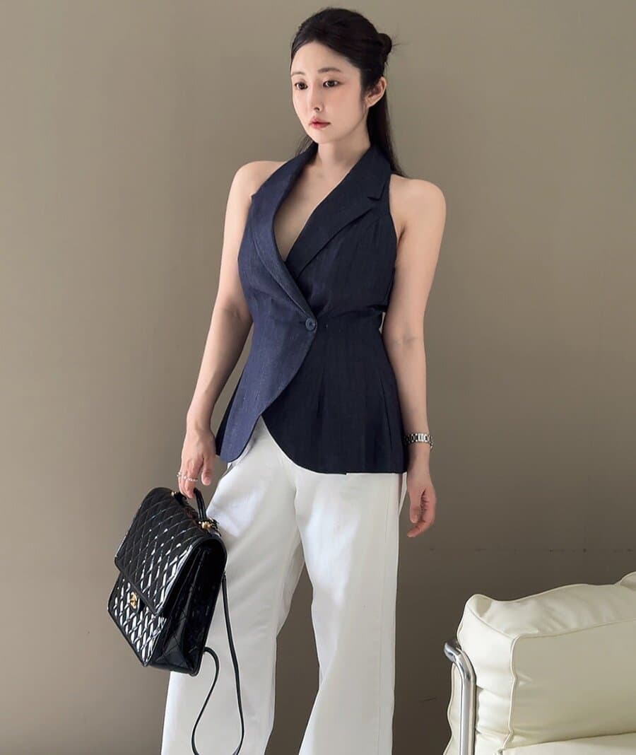 새로운 몸매 가꾸기 슬림해 보이는 폴로 칼라 단추 한 알 베스트 재킷 상세 이미지 1
