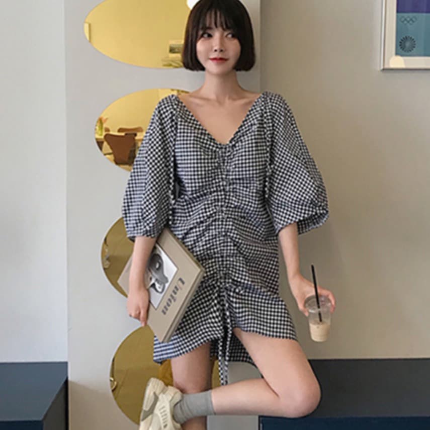 있음 선적 펌프 로프 체크무늬 V넥 백리스 7부 소매 드레스 이미지 2