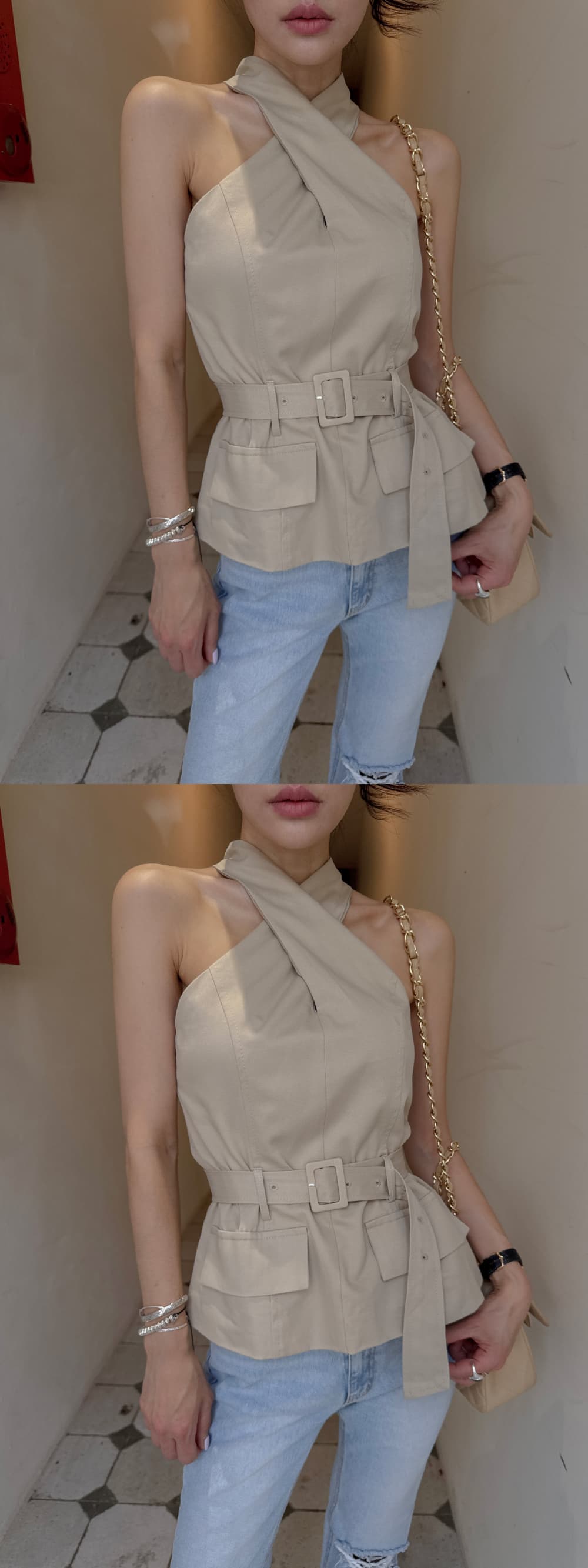 새로운 여름 십자가 행침 목 몸매 가꾸기 민소매 캐미솔 맨위 상세 이미지 4