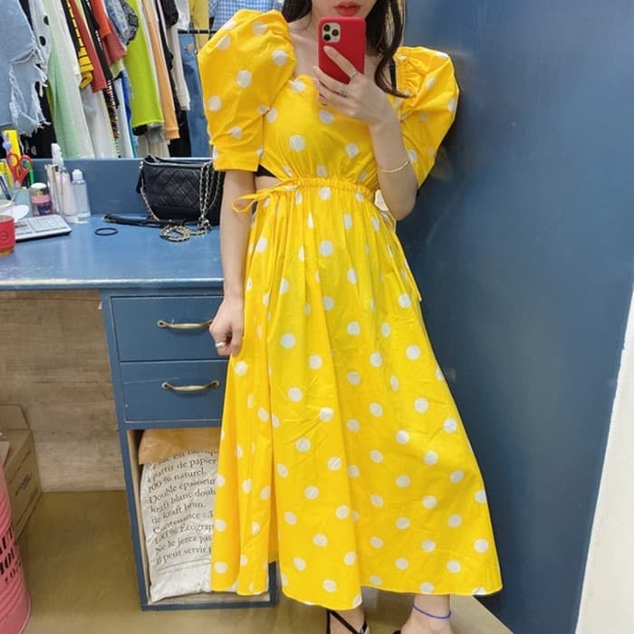 있음 선적 레트로 거품 소매 광장 칼라 여름 슬림해 보이는 이슬 허리 홀로우 아웃 심장 기계 도트 드레스 아이들