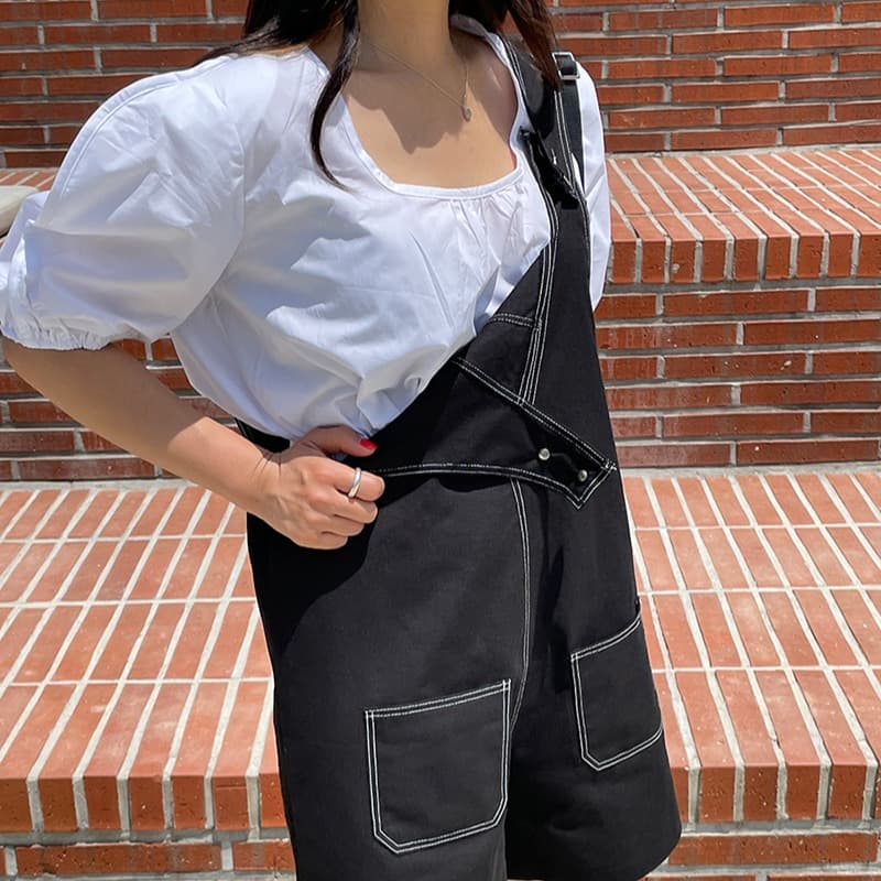있음 선적 ins 단색 광장 칼라 밑단 밴딩 거품 소매 쇼트 스타일 셔츠 이미지 4