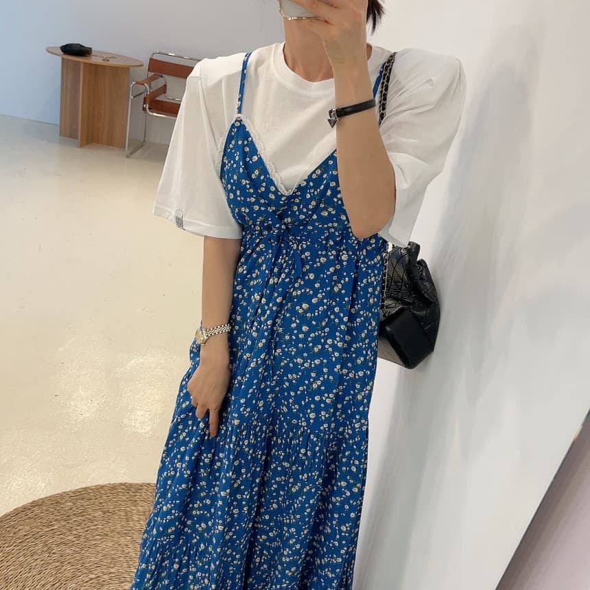 있음 선적 프랑스식 레트로 작은 대중 꽃무늬 여성 드레스 섹시함 슬립 드레스 벨트 안감
