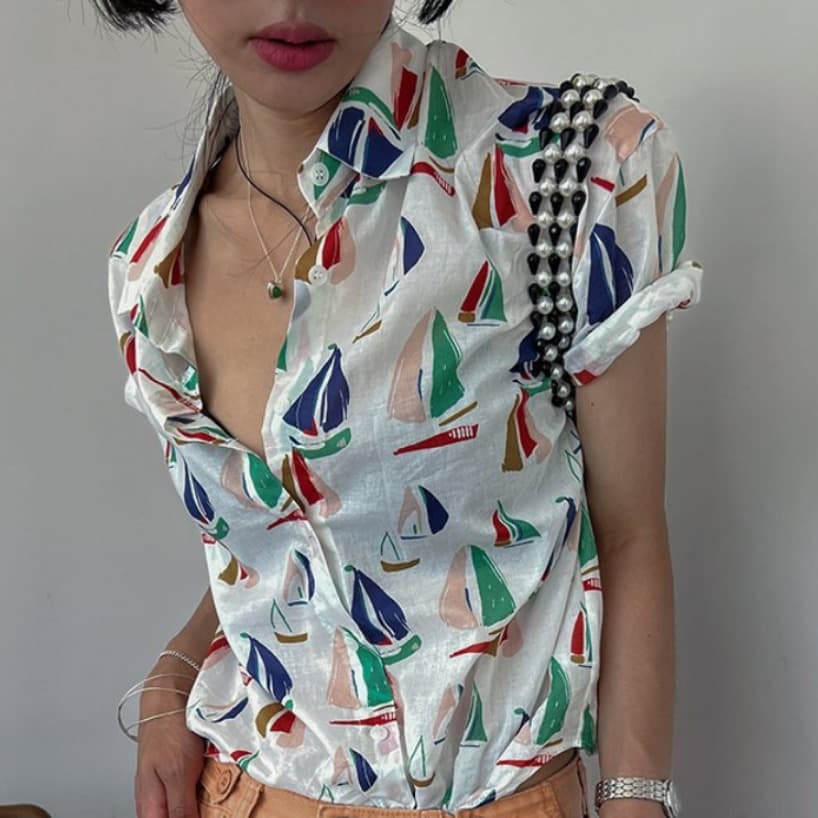 있음 선적 뒤집다 프린트 휴가 바람 얇은 스타일 반팔 셔츠 이미지 2