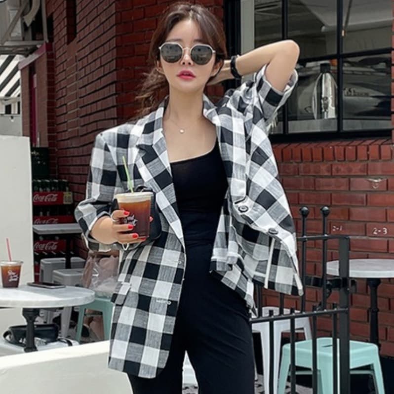 있음 선적 품격 배색 체크무늬 체크무늬 폴로 칼라 반팔 캐주얼 정장 이미지 4