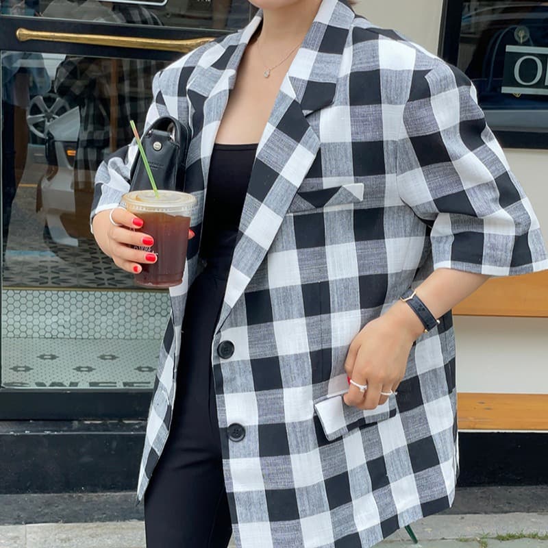 있음 선적 품격 배색 체크무늬 체크무늬 폴로 칼라 반팔 캐주얼 정장 이미지 2