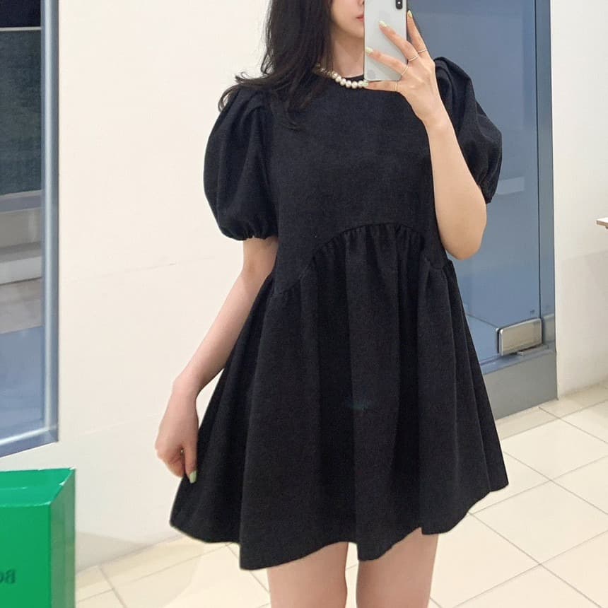있음 선적 미니 거품 소매 드레스 단색 베이비 돌 여성 드레스 이미지 4