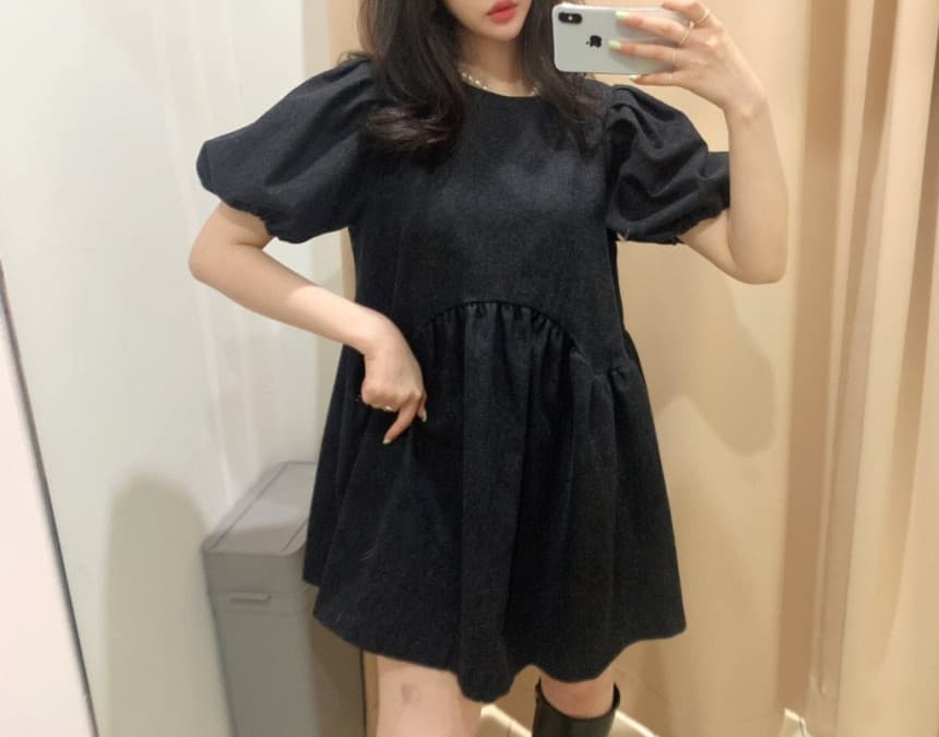 있음 선적 미니 거품 소매 드레스 단색 베이비 돌 여성 드레스 상세 이미지 7