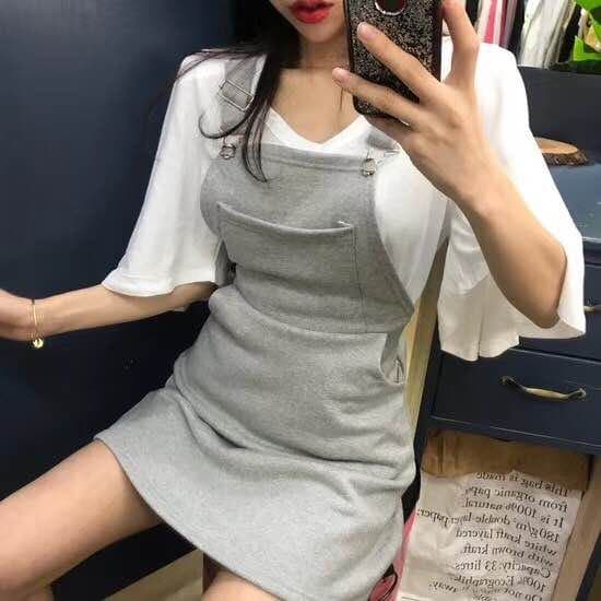 있음 선적 한국 나팔 소매 스트라이프 루즈핏 V넥 티셔츠 반팔 상세 이미지 4