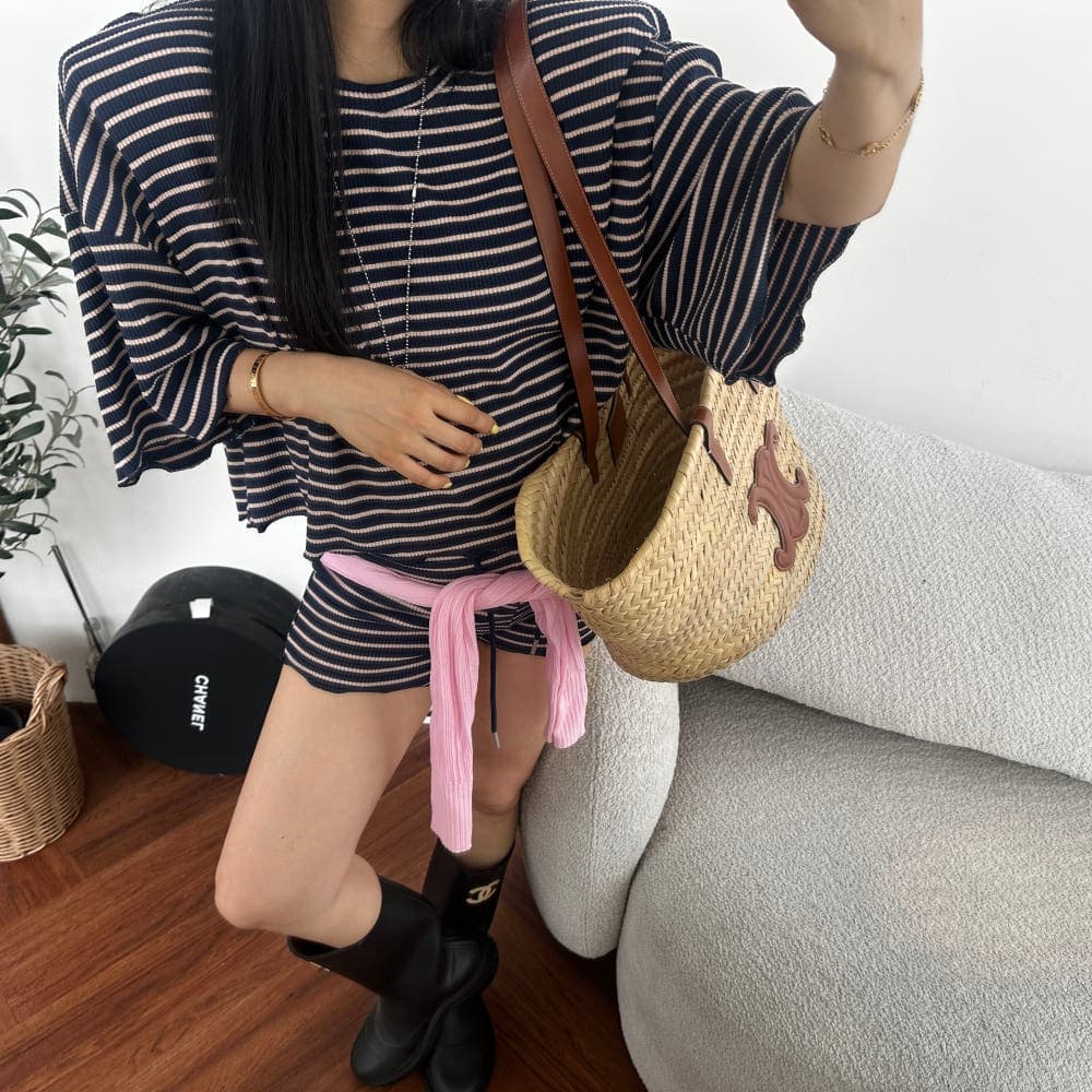 스트라이프 라운드 넥 반팔 프로필 모양 티셔츠 허리밴드 반바지 세트 상세 이미지 3