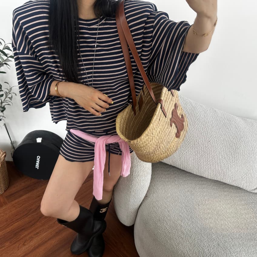 스트라이프 라운드 넥 반팔 프로필 모양 티셔츠 허리밴드 반바지 세트 상세 이미지 11