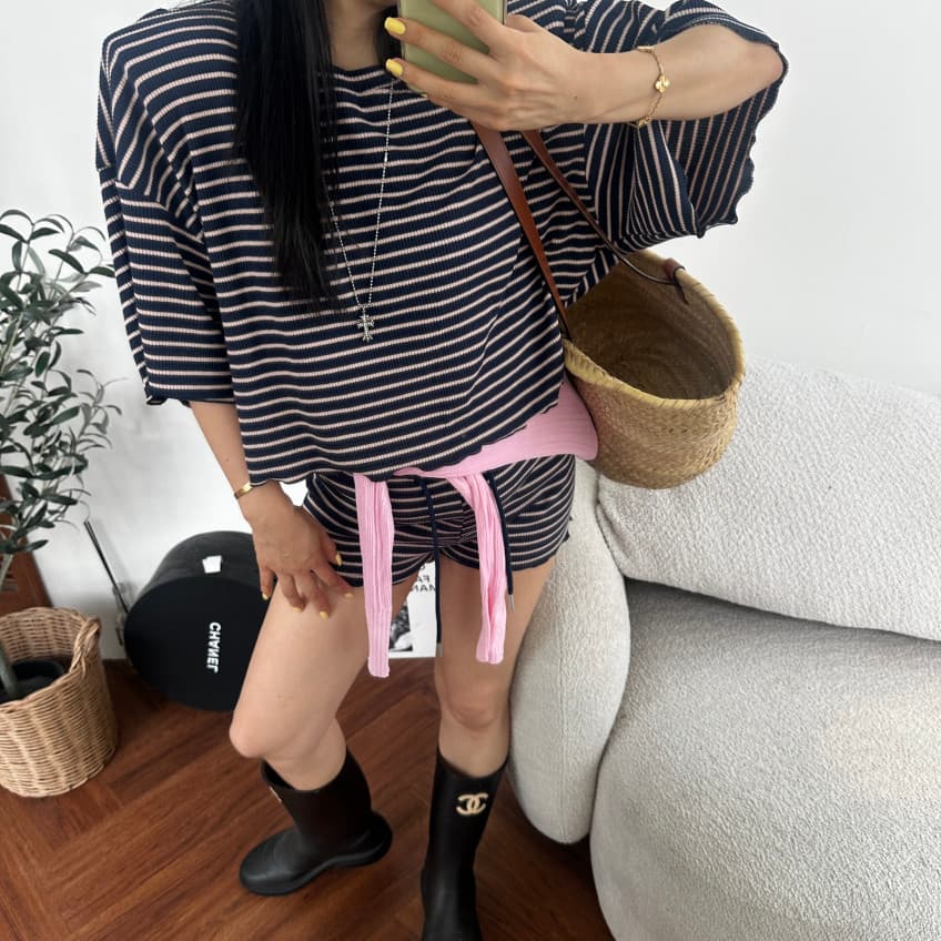 스트라이프 라운드 넥 반팔 프로필 모양 티셔츠 허리밴드 반바지 세트 상세 이미지 14