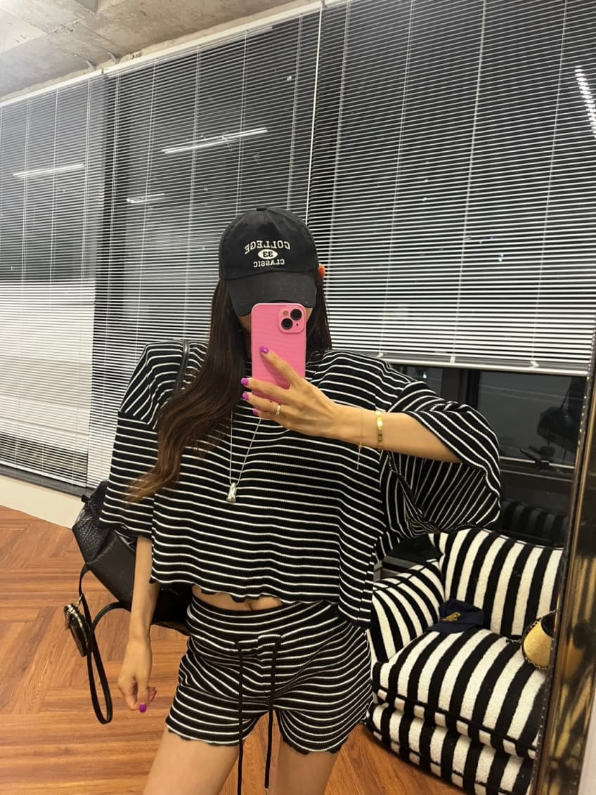 스트라이프 라운드 넥 반팔 프로필 모양 티셔츠 허리밴드 반바지 세트 상세 이미지 19