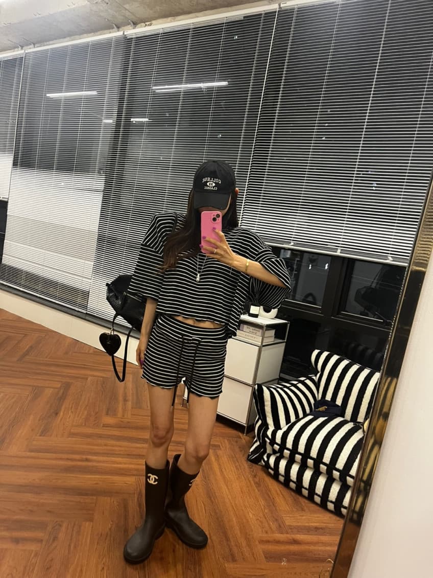 스트라이프 라운드 넥 반팔 프로필 모양 티셔츠 허리밴드 반바지 세트 상세 이미지 20