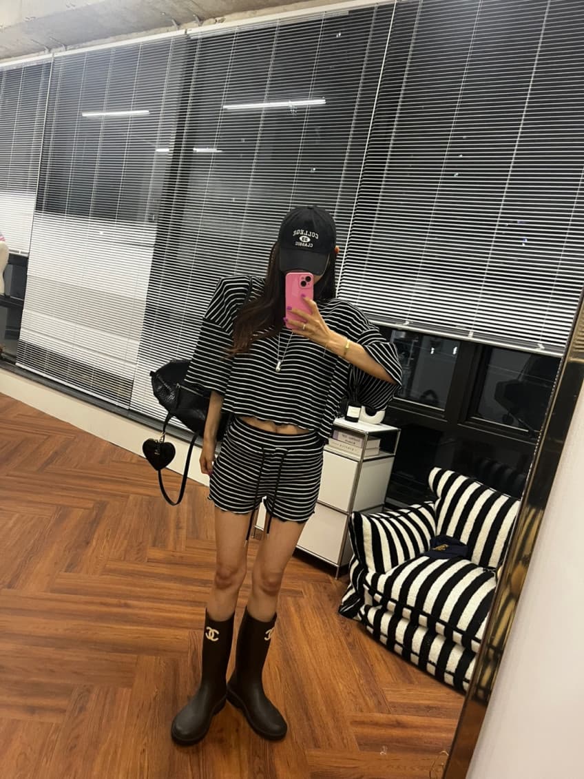 스트라이프 라운드 넥 반팔 프로필 모양 티셔츠 허리밴드 반바지 세트 상세 이미지 22