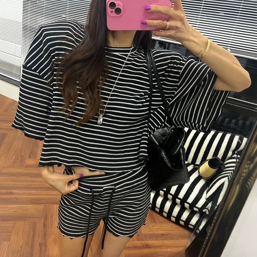 스트라이프 라운드 넥 반팔 프로필 모양 티셔츠 허리밴드 반바지 세트 상세 이미지 23