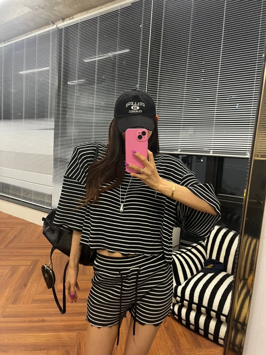 스트라이프 라운드 넥 반팔 프로필 모양 티셔츠 허리밴드 반바지 세트 상세 이미지 25