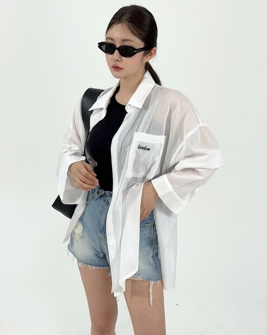 새로운 슬림해 보이는 폴로 칼라 뒤에 트임 알파벳 주머니 캐주얼 긴팔 셔츠 상세 이미지 4