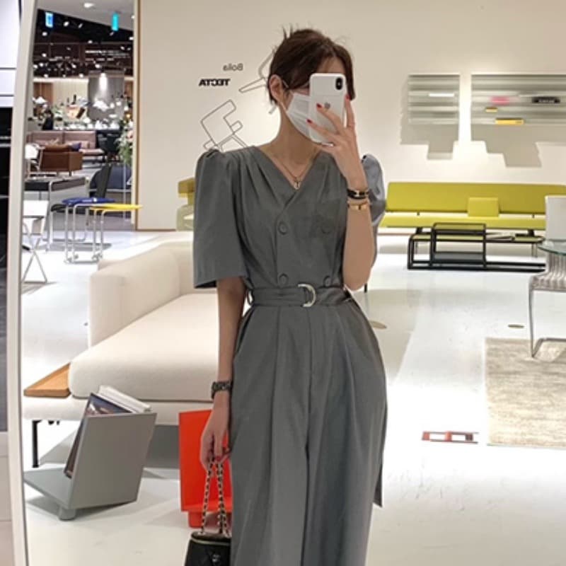 있음 선적 정장 바지 도루 센스 넓은 다리 패션 품격 벨트 허리 수축 거품 소매 점프 슈트 여름 이미지 3