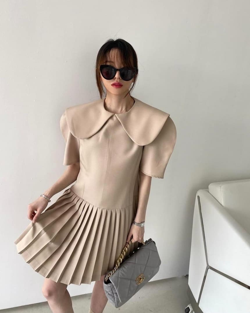 있음 선적 품격 작은 샤넬 스타일 플리츠 거품 소매 베이비 칼라 여성 드레스 상세 이미지 6